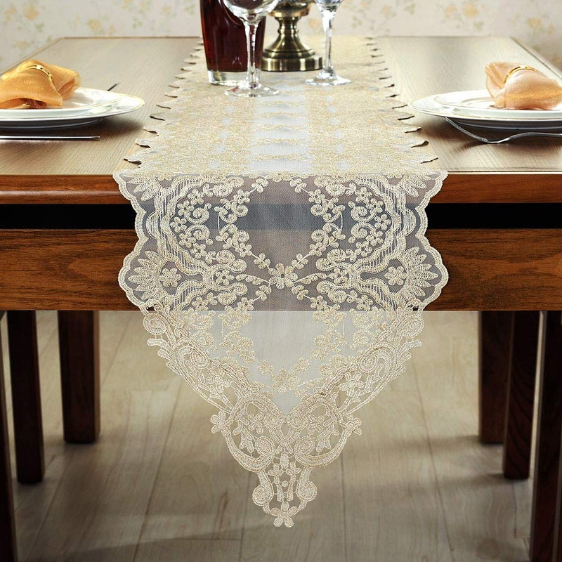 ARTABLE Rectangle Table Runner Lace Macrame Embroidered Table Runners with Exquisite Vintage Shabby Chic for Holiday Wedding Long Dinner Tables (Light Gold, 12 x 48 Inch) - Image 3